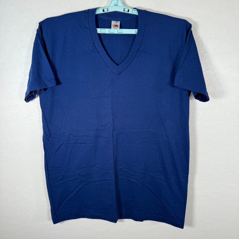 Vintage Fruit Of The Loom Shirt Mens XL‎ Blue V Neck Short Sleeve Made In USA